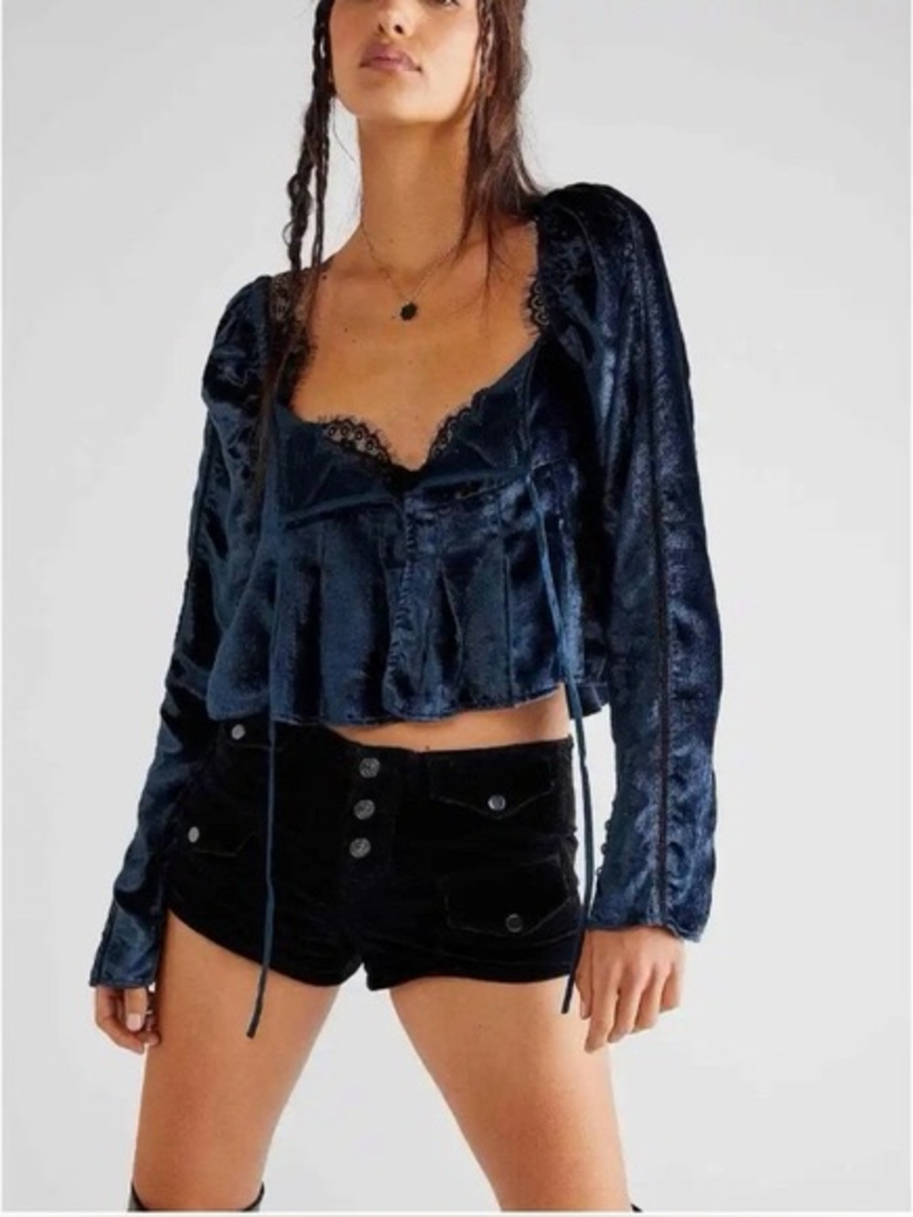 Free People Midnight Velvet Tie-Front Puff Sleeve Crop Top
